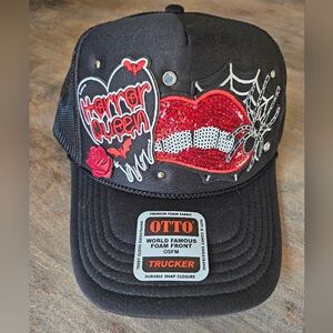 NWT Black Halloween trucker hat with themed embroidered patches, and rhinestone